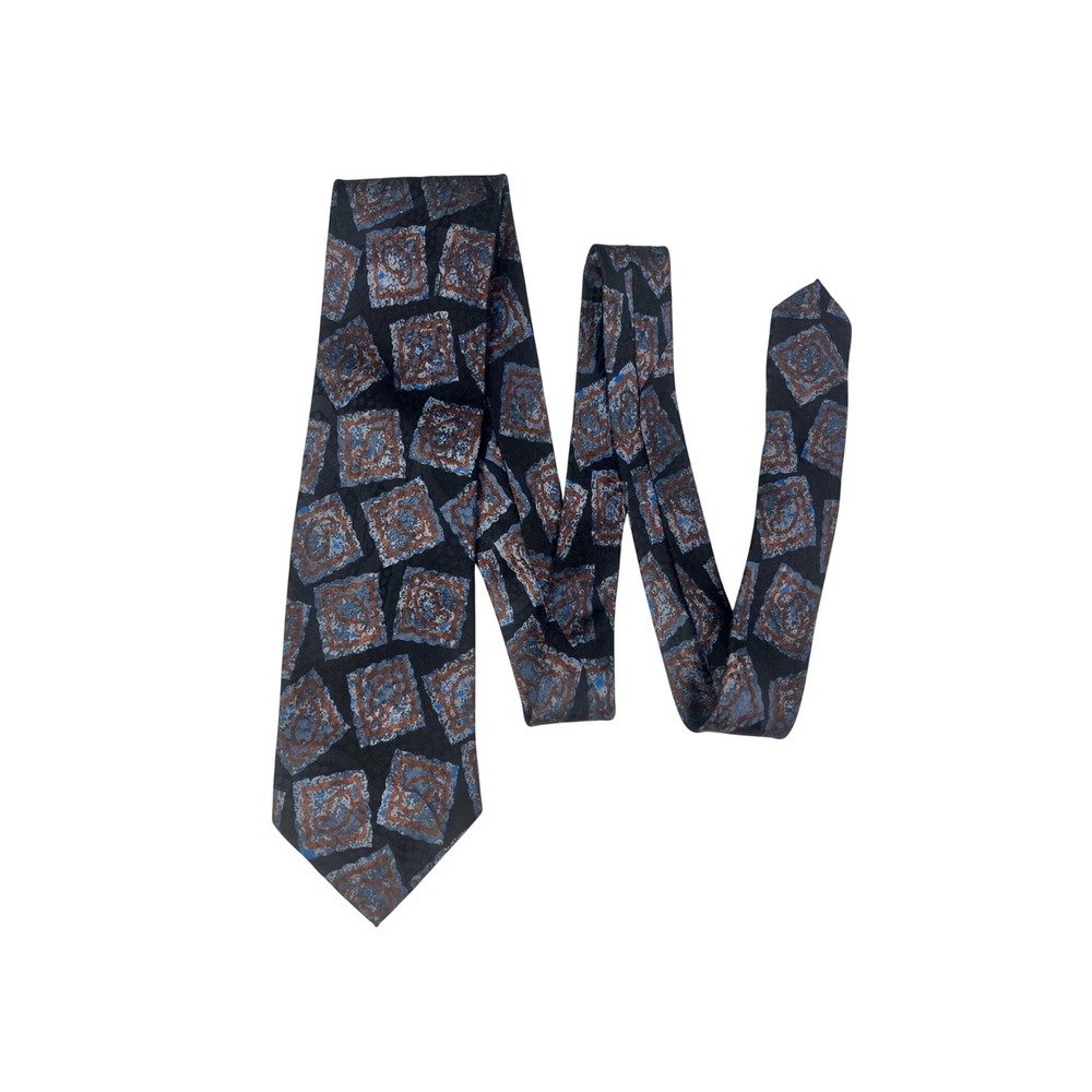 Brioni Mens Silk Tie Black Blue Copper Geometric Paisley Hand Made Italy 3.75in‎